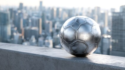 Small silver metallic soccer ball resting on a concrete ledge with modern city skyline in the background at sunset, symbolizing urban lifestyle, balance between sport and architecture
