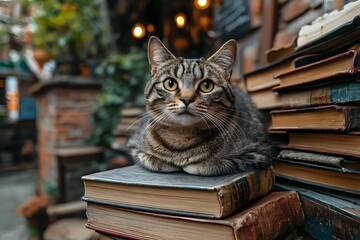 Curious tabby cat with amber eyes resting on stack of vintage books in cozy bookstore with warm lighting and greenery in background.