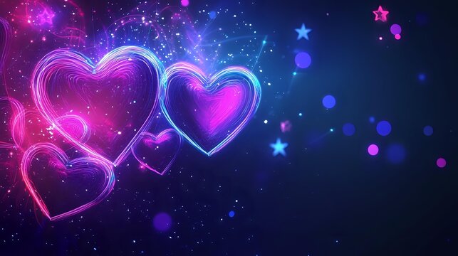Glowing neon hearts with pink and blue light effects on dark cosmic background with bokeh and star shapes for romantic designs. - Powered by Adobe