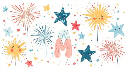 Festive fireworks and stars with smiling faces on a white background create a cheerful celebration scene