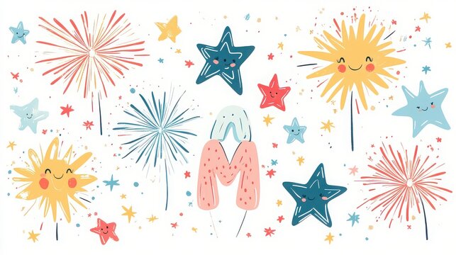 Festive fireworks and stars with smiling faces on a white background create a cheerful celebration scene
