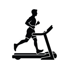 Man running on treadmill, fitness exercise, cardio workout, healthy lifestyle black silhouette icon isolated on white background, Vector