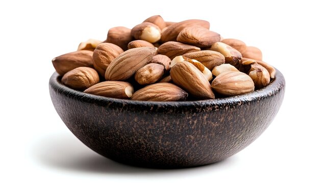 Fresh raw almonds in rustic wooden bowl on white background, nutritious protein-rich snack for healthy eating and plant-based diets.