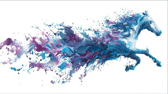 Dynamic blue and purple watercolor horse in motion with splatter effect on white background, ideal for creative projects.
