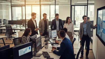 A diverse group in a modern office, analyzing data on screens and presenting a chart - Powered by Adobe