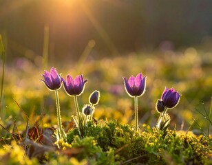 Close-up of purple wildflowers bathed in the warm light of the setting sun