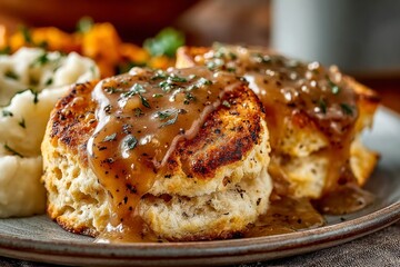 Traditional Thanksgiving biscuits with thick light brown gravy drizzle. 