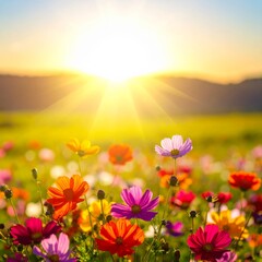 Obraz premium Pink and orange cosmos flowers bloom beautifully in a field under a clear blue sky