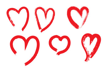 Collection of various brush strokes, red heart shapes, Valentines day many templates. Uneven, rough, textured edge