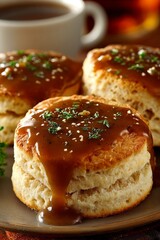 Golden brown Thanksgiving biscuits with thick light brown gravy drizzle. 