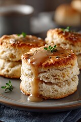 Thanksgiving biscuits and gravy with thick light brown gravy drizzle. 