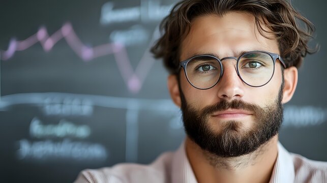Young bearded businessman with glasses in front of financial chart, analyzing market trends and investment data for strategic decision-making. - Powered by Adobe