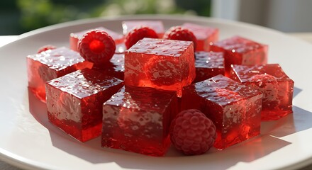 Close-up of raspberry-filled cubes of clear, red gelatin on a white plate, bright, sunny lighting