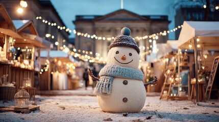 Obraz premium Joyful Snowman Surrounded by Twinkling Lights at Holiday Market