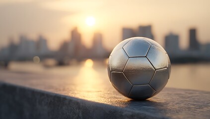 Small silver metallic soccer ball resting on a concrete ledge with modern city skyline in the background at sunset, symbolizing urban lifestyle, balance between sport and architecture