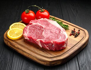 Close-up of raw steak, tomatoes, lemon, rosemary, and peppercorns on a wooden board