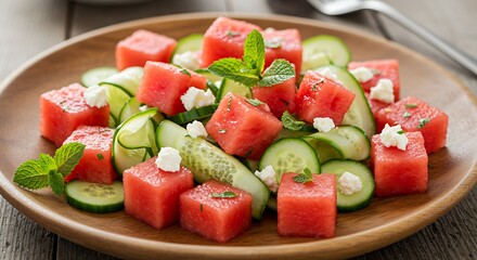 Close-up of refreshing watermelon salad with cucumber, cheese, and mint on a wooden plate