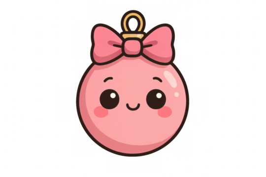 Cute pink christmas ornament cartoon character with a sweet smiling face, decorated with a bow, transparent background