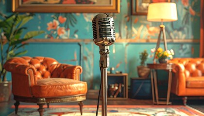 Close-up of retro microphone in a cozy, classically furnished interior, warm lighting