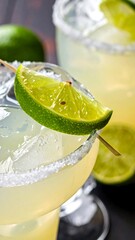 Close-up of refreshing cocktails with lime slices and salt-rimmed glasses, on a black surface
