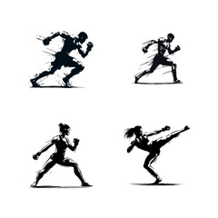 MMA Fighters in Training Silhouettes Vector Set
