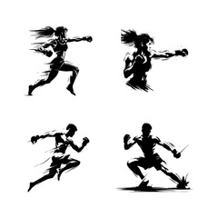MMA Fighters in Dynamic Action Black and White Silhouettes