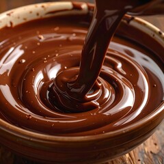 Close-up of rich, decadent chocolate being poured into a rustic, ceramic bowl