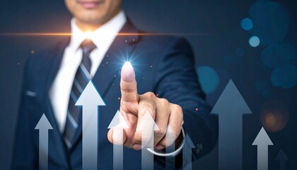 Business professional pointing at glowing arrows on blue backdrop, symbolizing leadership, growth, and strategic ascent.