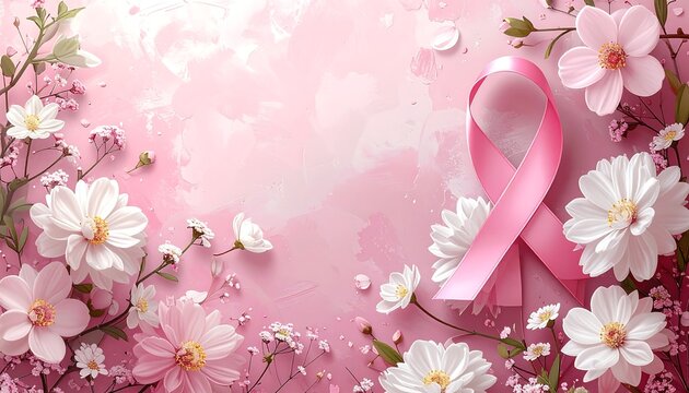 Pink ribbon among white and pink blossoms. Soft pink background with floral arrangements surrounding central ribbon