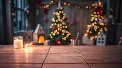 Christmas holiday background table decoration festive season celebration xmas winter december ornament gift present light bokeh