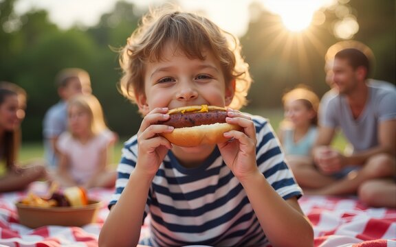 Boy eating barbecue grilled hot dog on family picnic celebrating independence day with flag on the background. High quality