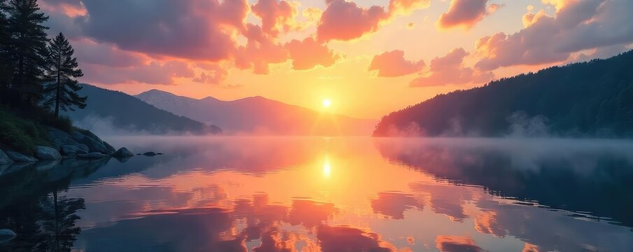 Serene sunrise over a tranquil lake, reflecting the soft light, evoking peace and spiritual connection Ideal for meditation, yoga, and mindfulness themes , positive energy, dawn