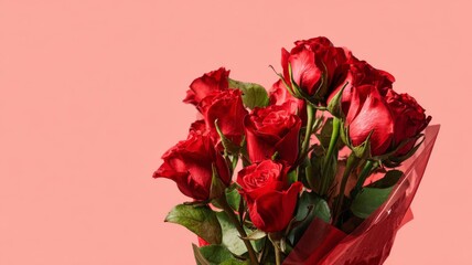Bouquet of fresh red roses arranged on soft red pastel background for romantic valentine's day celebration, love, and anniversary greeting card designs