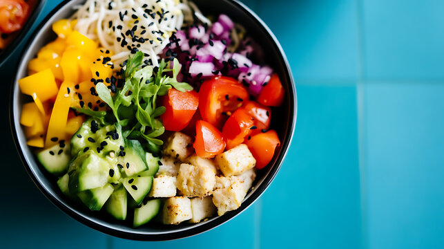 A vibrant and healthy bowl filled with fresh ingredients like tomatoes, cucumbers, tofu, and red onions, topped with black sesame seeds. A quick and nutritious meal idea! - Powered by Adobe