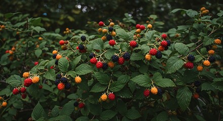 Close-up of ripe and unripe berries on a leafy bush in a natural outdoor setting
