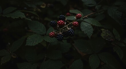 Close-up of ripe and unripe berries on a vine, surrounded by lush green foliage