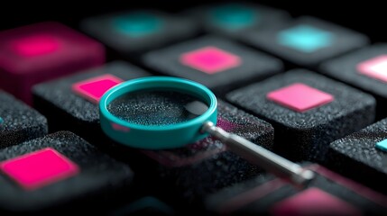 Turquoise joystick control on electronic music controller with pink buttons, close-up view showing texture and detail for modern music production.