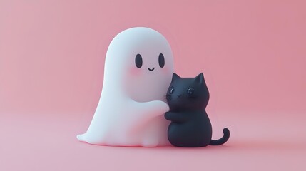 Cute cartoon ghost hugging black cat on pink background, perfect for Halloween designs, greeting cards, and children's content.