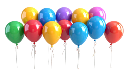 Bunch of colorful glossy balloons with strings on a black background