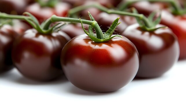 Fresh ripe black tomatoes with green stems on white background, close-up view of organic heirloom vegetables for healthy cooking and gourmet cuisine.