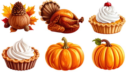 Seasonal food cartoon; pumpkins, pie, turkey, and fall foliage