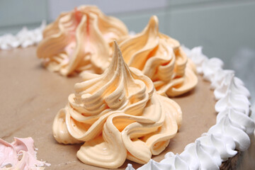 Confectioner woman is pouring cream on sponge cake using pastry bag, closeup view. Pastry chef is cooking homemade cake. cooking, baking and cooking, home cooking