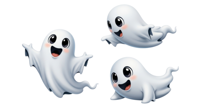 Three adorable cartoon ghosts with big eyes and happy expressions isolated on transparent background