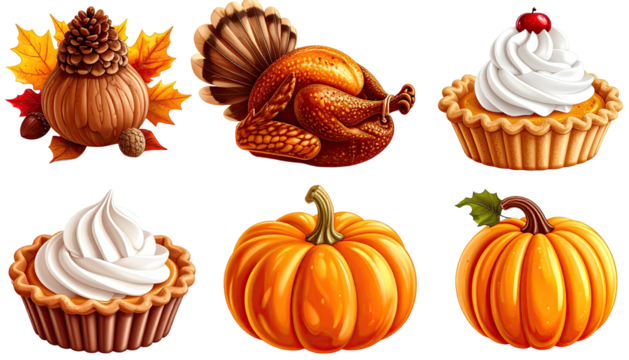 Seasonal food cartoon; pumpkins, pie, turkey, and fall foliage - Powered by Adobe