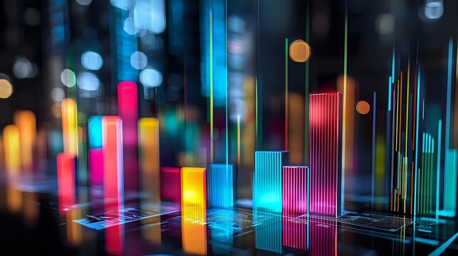 Vibrant neon bar graph visualization with colorful glowing columns against dark background, representing data analytics and business performance metrics.