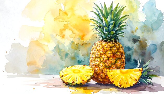 Pineapple still life with slices, presented in vibrant watercolor, blending yellow, green and teal hues in a playful manner