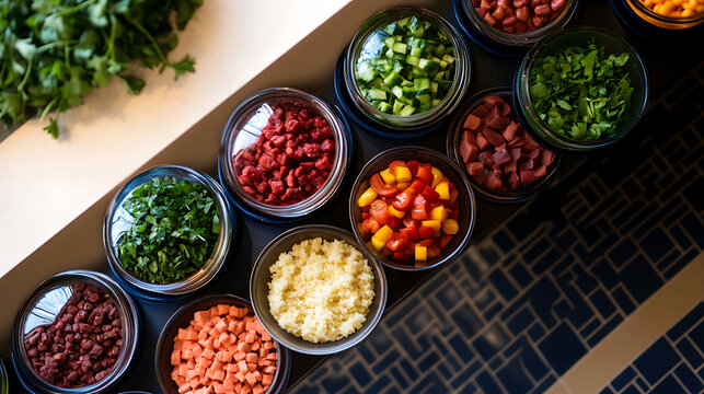 A vibrant display of fresh, colorful ingredients in clear glass bowls. Chopped vegetables & herbs present a culinary palette, offering a variety of options for a salad or dish.