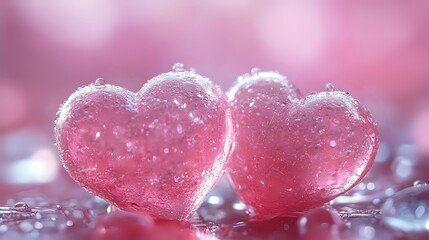 Obraz premium Translucent pink heart-shaped candies with water droplets on wet surface against soft pink bokeh background for Valentine's Day or romantic concept.