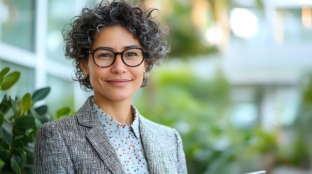 Confident Hispanic businesswoman with curly hair and glasses smiling in modern office environment with green plants and natural light.