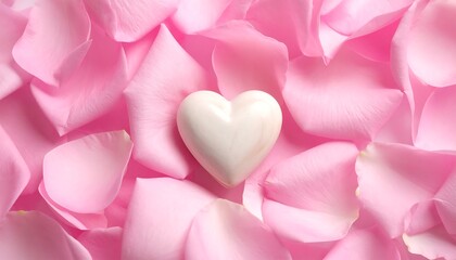 Fototapeta premium Pink rose petals surround a small, white heart shape in a close-up, soft-focus, romantic composition